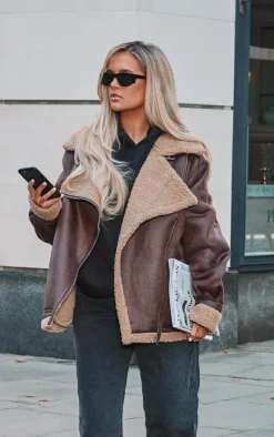 Brown Borg Lined Oversized Buckle Collar Aviator Jacket