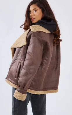 Brown Borg Lined Oversized Buckle Collar Aviator Jacket