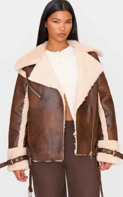 Brown Borg Trim Belted Hem Faux Leather Aviator Jacket