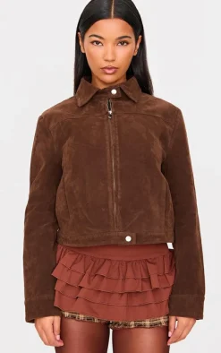 Brown Brushed Faux Suede Seam Detail Jacket