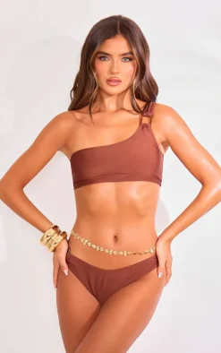 Brown Buckle Trim One Shoulder Bikini Top