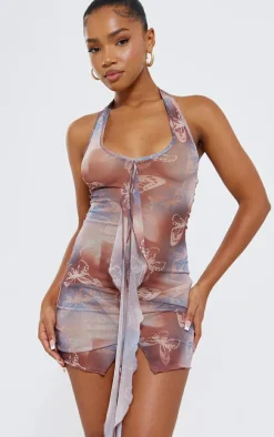Brown Butterfly Print Mesh Halterneck Center Frill Detail Bodycon Dress