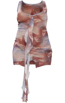 Brown Butterfly Print Mesh Halterneck Center Frill Detail Bodycon Dress