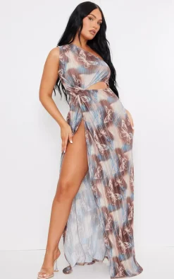 Brown Butterfly Print Plisse Knotted Split Detail Maxi Dress