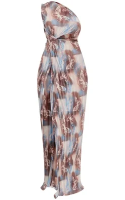 Brown Butterfly Print Plisse Knotted Split Detail Maxi Dress