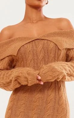 Brown Cable Fold Over Maxi Knit Dress