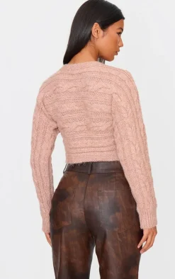 Brown Cable Knitted Wrap Front Cropped Sweater