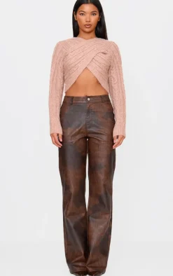 Brown Cable Knitted Wrap Front Cropped Sweater