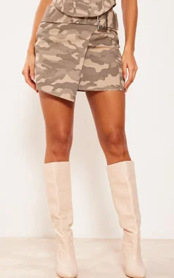 Brown Camo Buckle Detail Denim Mini Skirt