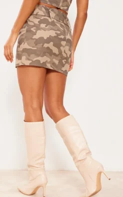 Brown Camo Buckle Detail Denim Mini Skirt