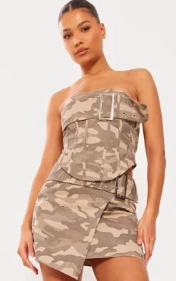 Brown Camo Buckle Detail Denim Mini Skirt