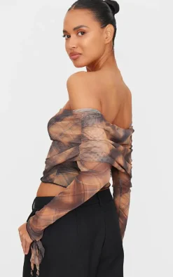 Brown Check Mesh Ultra Long Drape Sleeve Crop Top