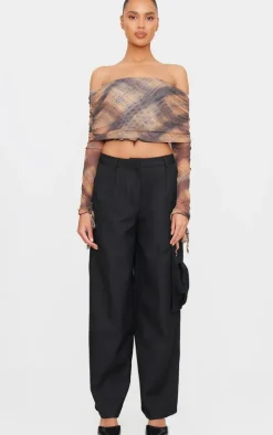 Brown Check Mesh Ultra Long Drape Sleeve Crop Top