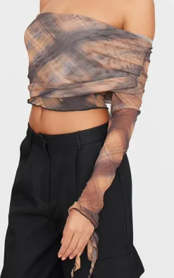 Brown Check Mesh Ultra Long Drape Sleeve Crop Top