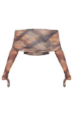 Brown Check Mesh Ultra Long Drape Sleeve Crop Top