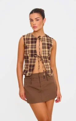 Brown Check Print Tie Front Vest
