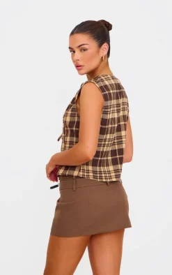 Brown Check Print Tie Front Vest