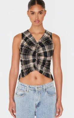 Brown Check Ruched Front Long Top