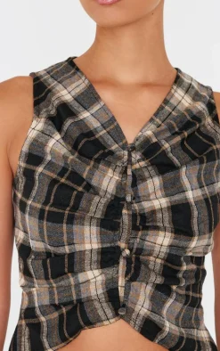 Brown Check Ruched Front Long Top