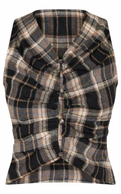 Brown Check Ruched Front Long Top