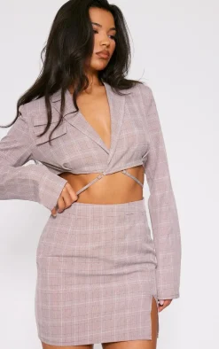 Brown Check Woven Cut Out Tie Waist Utility Style Blazer Bodycon Dress