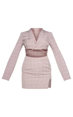 Brown Check Woven Cut Out Tie Waist Utility Style Blazer Bodycon Dress