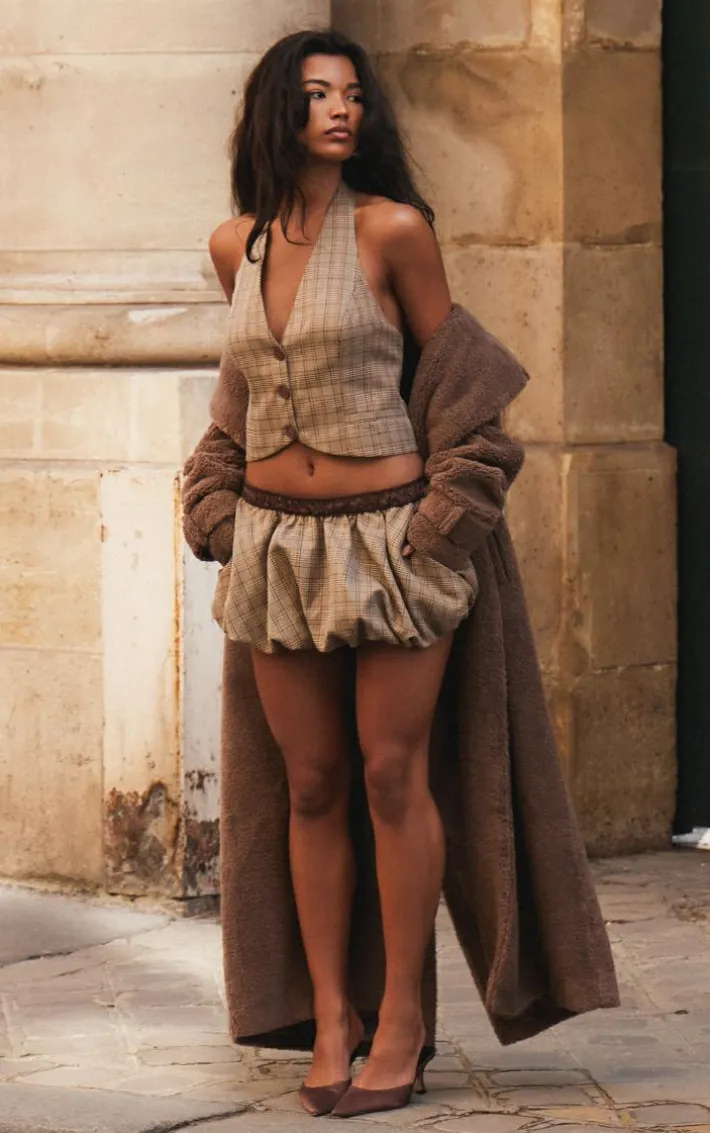 Brown Check Woven Tailored Puff Ball Waistband Skirt