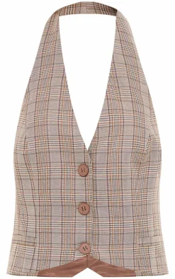 Brown Check Woven Tailored Halterneck Vest