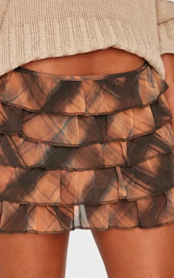 Brown Checked Printed Mesh Rara Mini Skirt