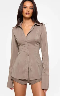 Brown Chiffon Fitted Shirt