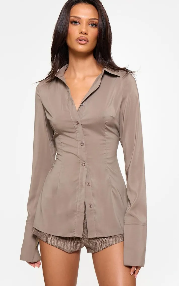 Brown Chiffon Fitted Shirt