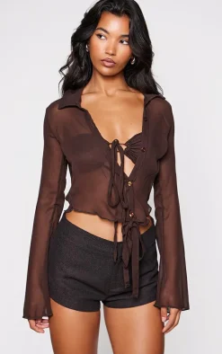 Brown Chiffon Ruched Bust Detail Blouse