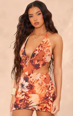 Brown Chiffon Wrap Mini Skirt