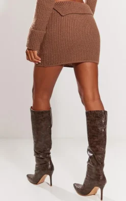Brown Chunky Knit Fold Over Mini Skirt