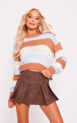 Brown Chunky Striped Knit Cropped Sweater