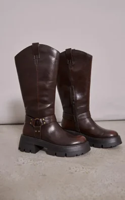 Brown Cleated Sole Buckle Ring Detail Mid Calf Boots