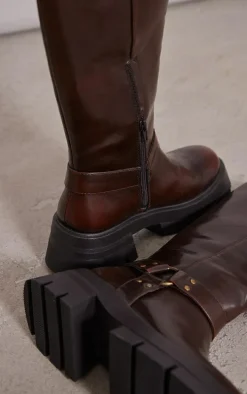 Brown Cleated Sole Buckle Ring Detail Mid Calf Boots