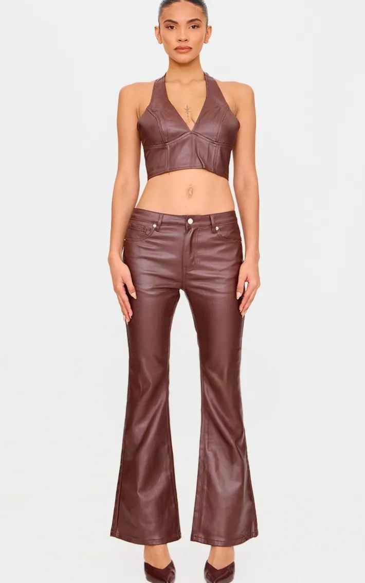 Brown Coated Denim Flared Jeans