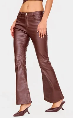 Brown Coated Denim Flared Jeans