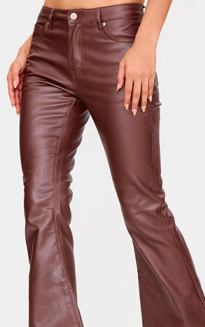 Brown Coated Denim Flared Jeans