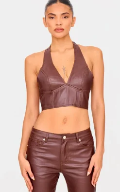 Brown Coated Denim Seam Detail Halterneck Top