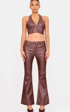 Brown Coated Denim Seam Detail Halterneck Top