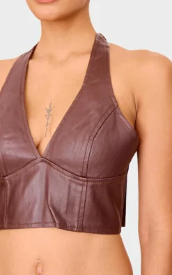 Brown Coated Denim Seam Detail Halterneck Top