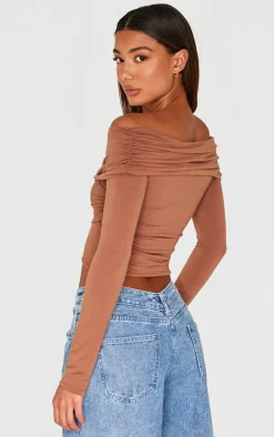 Brown Contour Jersey Bardot Foldover Long Sleeve Top