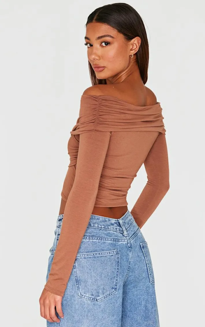 Brown Contour Jersey Bardot Foldover Long Sleeve Top