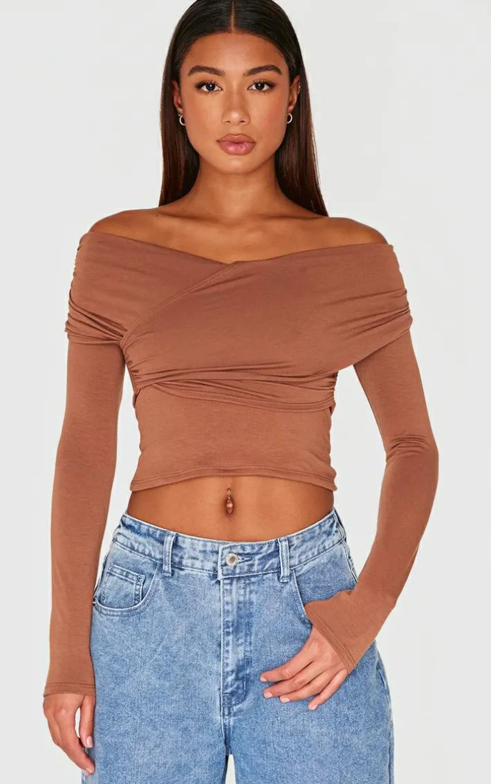 Brown Contour Jersey Bardot Foldover Long Sleeve Top