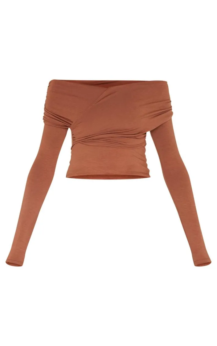 Brown Contour Jersey Bardot Foldover Long Sleeve Top