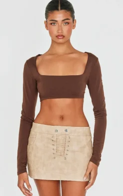Brown Contour Jersey Square Neck Crop Top
