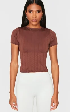 Brown Contour Pointelle Crew Neck Short Sleeve Long Top
