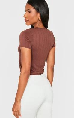 Brown Contour Pointelle Crew Neck Short Sleeve Long Top